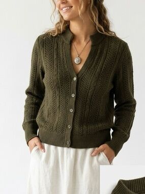 Vtg Dalton Olive Green Pure Virgin Wool Pointelle Cable Knit Cardigan Sweater 12